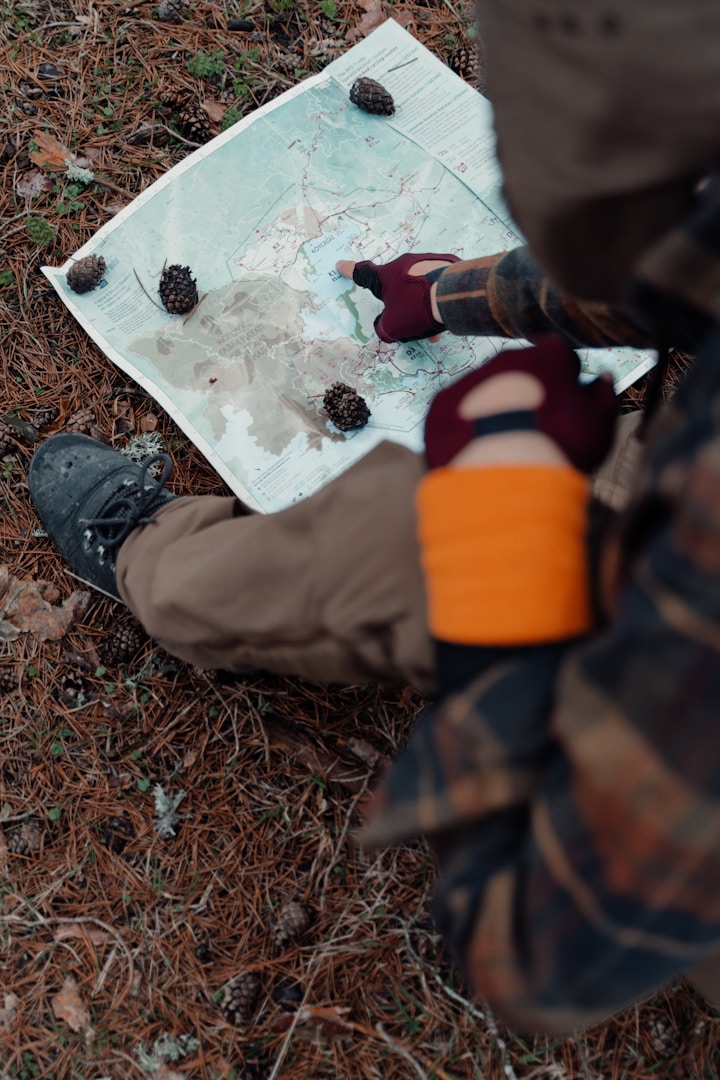 Wanderkarte, Wanderschuhe und Kiefernzapfen auf dem Waldboden, von oben